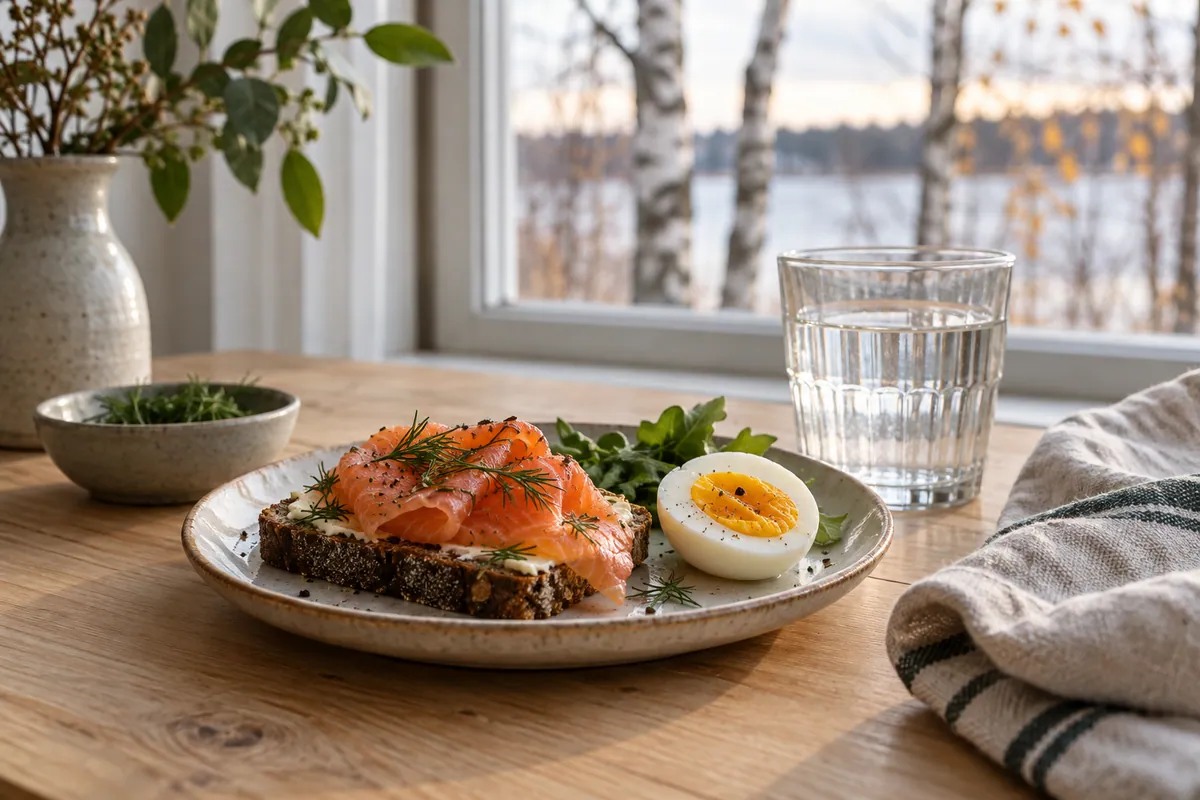 Ruisleipää, lohta ja kananmunaa ikkunan ääressä.