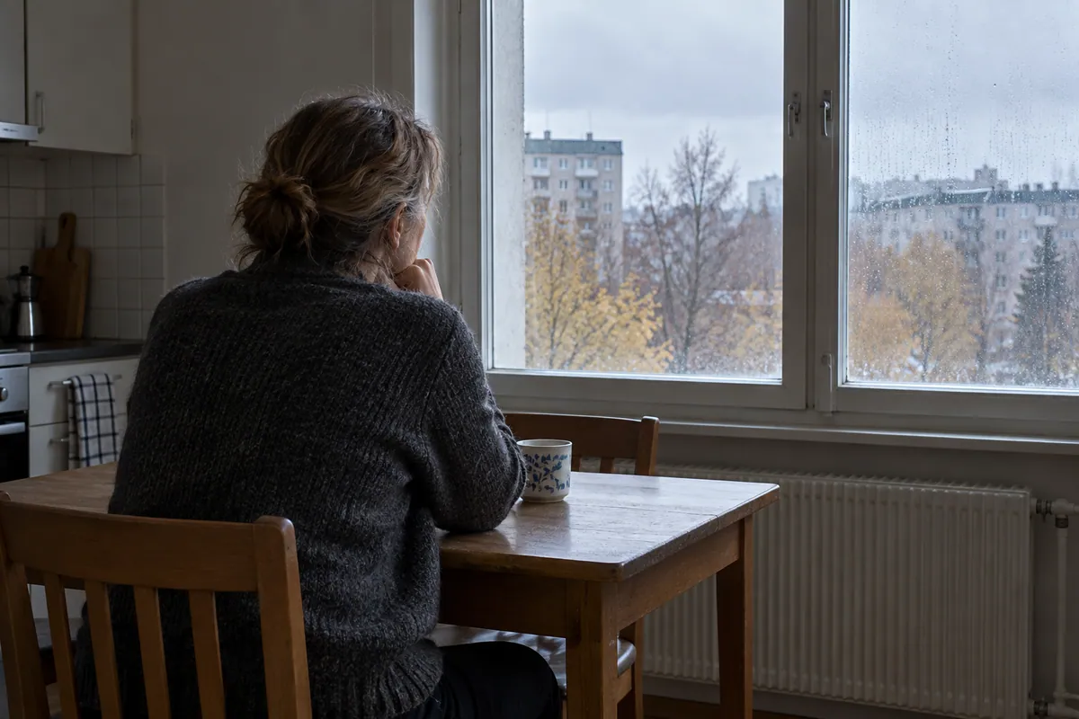 Aikuinen istuu keittiön ikkunan ääressä pilvisenä päivänä.